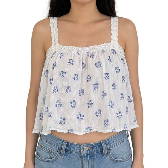 Joie Tops - Joie White Blue Ditsy Floral Lace Strap Pintuck Crop Top Cottagecore M Cruise